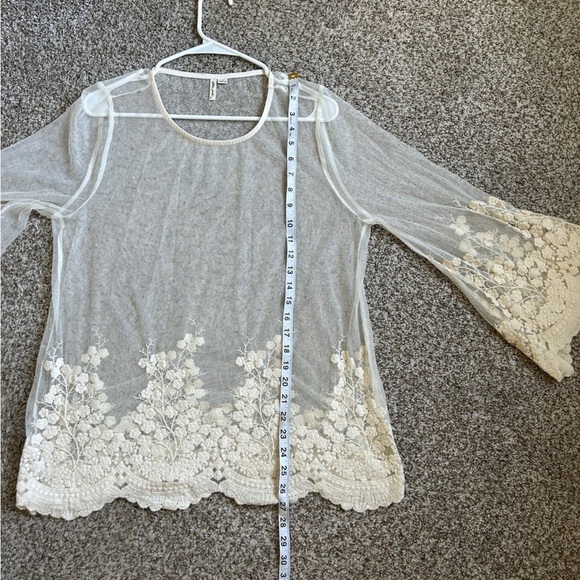 Ultra Pink OffWhite Cream Sheer Flowy Boho Bohemian Lace Blouse Summer Large - Picture 4 of 6
